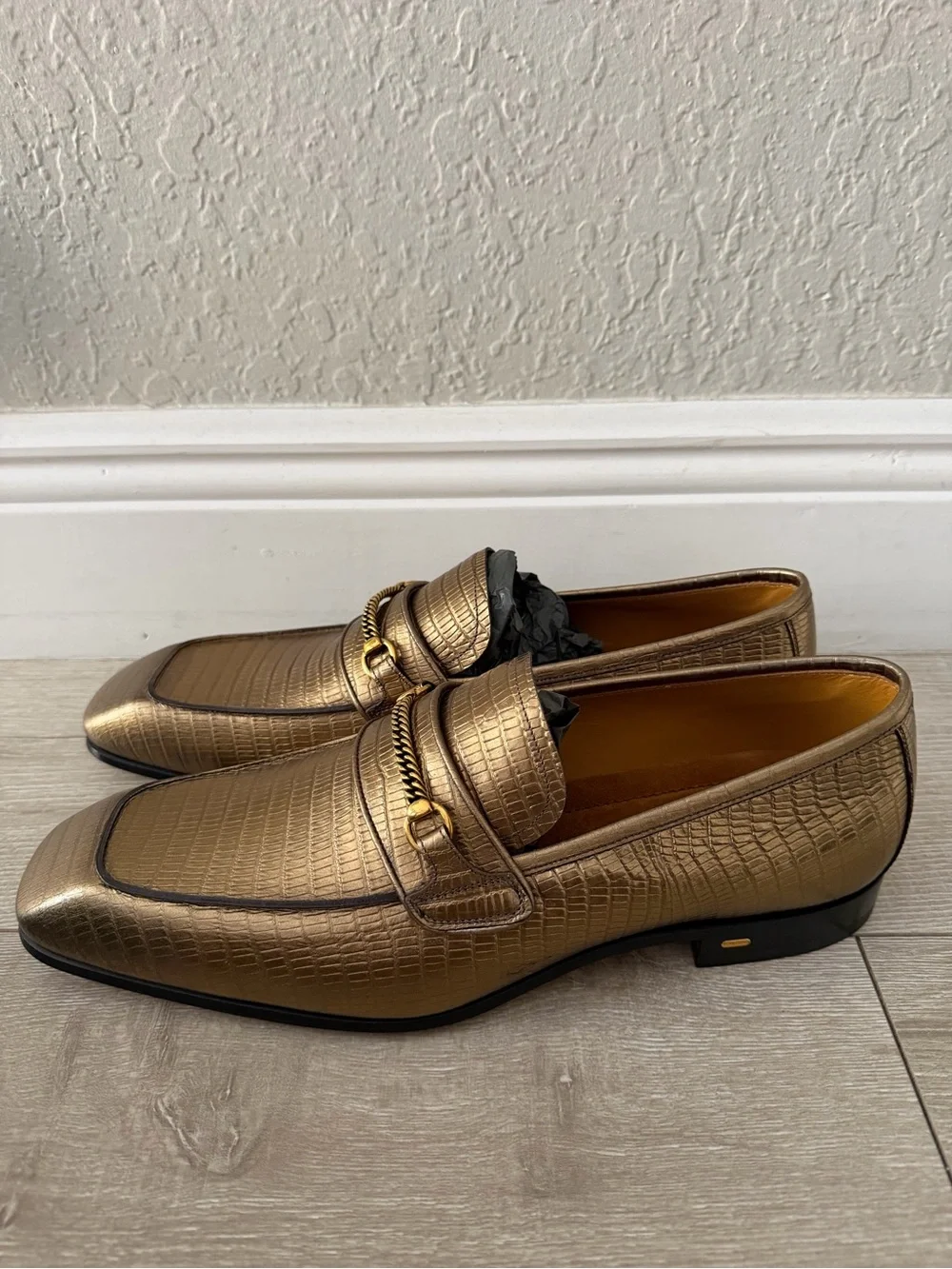Tom Ford Metallic gold croc Leather Bit Loafers men 11.5